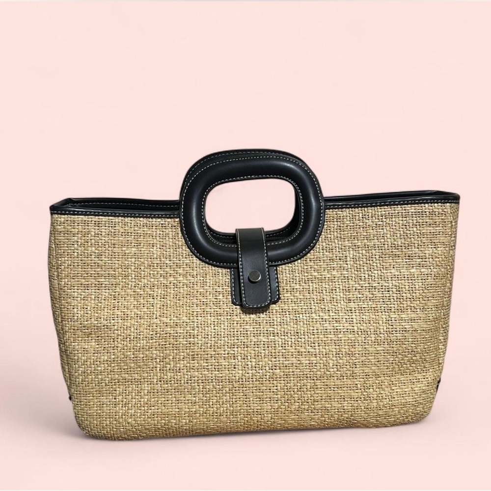 Maxx New York Tan and black straw handbag with black leather accents